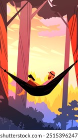 Man relaxing in hammock reading book in forest sunset background colorful nature landscape peaceful outdoor leisure activity