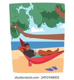 Man Relaxing In A Hammock Tied To A Tree On A Tropical Beach Captures The Essence Of Leisure, Relaxation And Vacation, Showcasing Serene Seaside Environment. Travel, Summer Holidays, Peaceful Escape