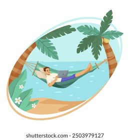 Man relaxing in a hammock under palm trees with a laptop, on a beach background. Concept of remote work and relaxation. Vector illustration