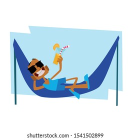 Man relaxing in hammock wearing sunglasses and drinking a cocktail. Man on vacation, happy and smiling. Vacation concept. Vector illustration. Flat design. Humorous.