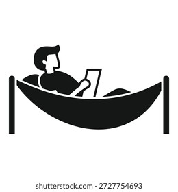 Man is relaxing in hammock and working remotely using tablet