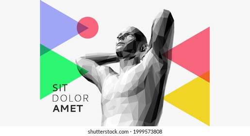 Man relaxing with hands behind head. Satisfied with work done. Taking time for a minute break. Vector illustration.