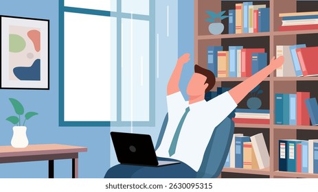 A man relaxing in his home office, stretching and enjoying a break from his work. Work from home, freelancer