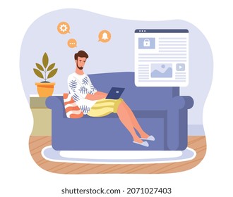 Man relaxing at home. Character sitting with laptop on his lap. Comfort, coziness, home, apartment. Evening rest, reading news, watching movies, entertainment. Cartoon flat vector illustration