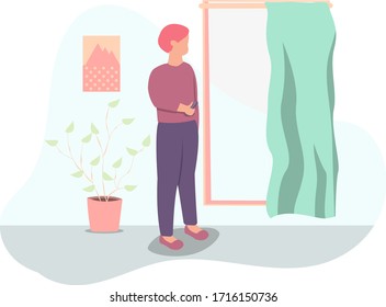 A man relaxing at home with looking at the window flat style vector illustration