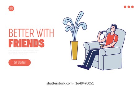 Man Is relaxing With Hot Drink And Cupcake on the Armchair. Website Landing Page. Young Man Is Drinking Coffee Having Rest At Home. Web Page Of Cartoon Outline Linear Flat Vector illustration.