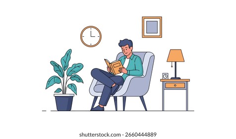 Homem relaxando dentro de casa lendo um livro em uma poltrona confortável ao lado de uma planta em vaso e lâmpada