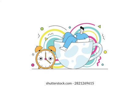 Man relaxing inside a giant coffee cup next to an alarm clock represents morning routine and taking a coffee break.