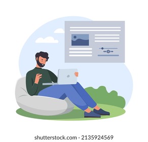 Man relaxing with laptop. Character reads article, man on pouffe looks at page of website. Internet and social accounts, modern technologies and digital world. Cartoon flat vector illustration