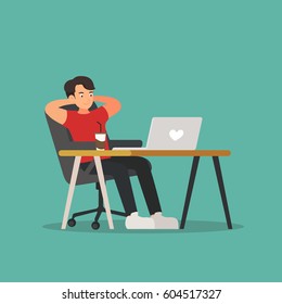 The man is relaxing with laptop and coffee character cartoon flat style illustration