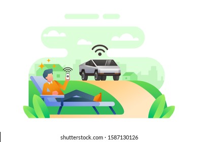 A Man Relaxing In A Lounge Chair And Calling An Autonomous Tesla Cyber Truck Through Smartphone ApplicationCyber Truck Vector. Futuristic And Modern Autonomous Self Driving Car Truck Illustration