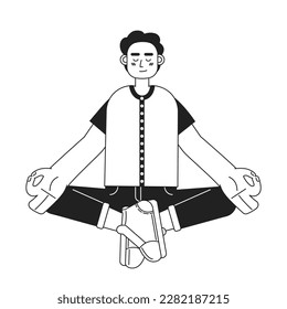 Man in relaxing meditation monochromatic flat vector character. Linear hand drawn sketch. Editable full body person. Simple black and white spot illustration for web graphic design and animation