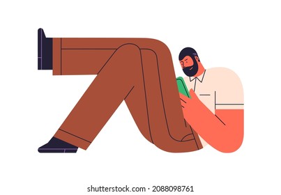 Man relaxing with mobile phone in hands, lying legs crossed and surfing internet. Person hold smartphone, resting online, using social networks. Flat vector illustration isolated on white background