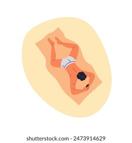 Man relaxing with mobile phone on sand beach. Person lying with smartphone, sunbathing on summer vacation. Holiday recreation, relaxation. Flat vector illustration isolated on white background