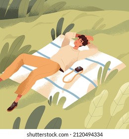 Man relaxing in nature alone. Person sleeping on blanket on grass in solitude on summer holidays. Happy travel photographer rests outdoors with camera. Relaxation in silence. Flat vector illustration