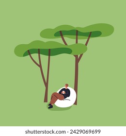 Man relaxing in nature, sitting in bean bag chair. Person resting in cozy seat on grass under trees in park outdoors on summer holiday. Calm relaxation, leisure outside. Flat vector illustration