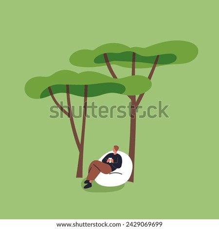 Man relaxing in nature, sitting in bean bag chair. Person resting in cozy seat on grass under trees in park outdoors on summer holiday. Calm relaxation, leisure outside. Flat vector illustration
