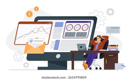 Man relaxing at office desk with large monitor showing charts, graphs, and email, in cartoon style on white background. Concept of digital work and data analysis. Vector illustration