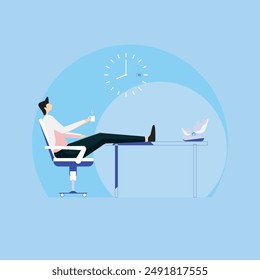 Man Relaxing at office Enjoying Coffee break or tea time concept
Vector Concept for Office relaxing, Tea Brek in Office