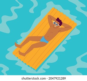 man relaxing on the air bed cartoon