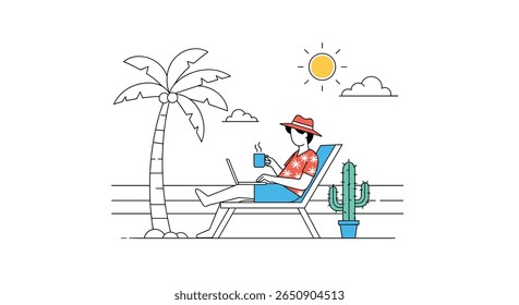 Man relaxing on beach chair with laptop and drink under palm tree