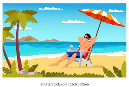 Man Relaxing On Beach Flat Color Illustration. Boy Under Beach Umbrella On Deck Chair. Summer Vacation. Male At Sea Resort Cartoon Character. Isolated Vector