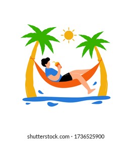 Man relaxing on beach flat illustration