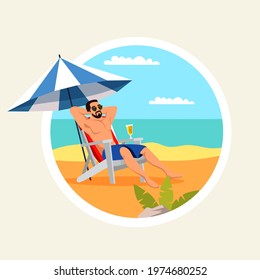 Man relaxing on beach flat color illustration. Boy under beach umbrella on deck chair. Summer vacation. Male at sea resort cartoon character. Isolated vector.