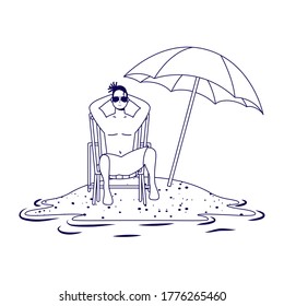 man relaxing on the beach seated in chair and umbrella vector illustration design