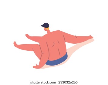 Man Relaxing On A Beach, Soaking Up The Suns Rays, Enjoying A Tranquil Moment. Male Character Sitting on Sand Top View