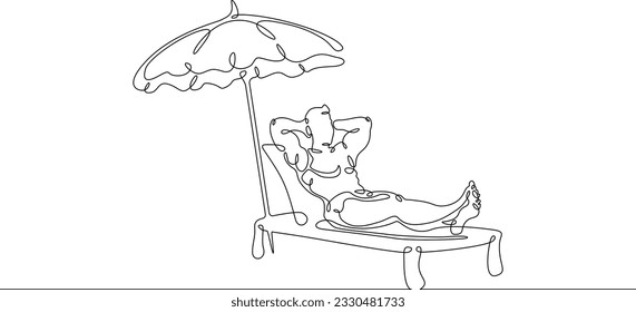 A man is relaxing on the beach. Tourist in a sun lounger under an umbrella. Relax on the beach deck chair.Linear.One continuous line drawn isolated, white background.