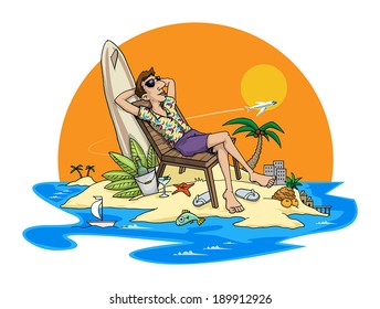 Man relaxing on beach tropical holiday, holiday concept, vector illustration