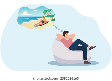 Man relaxing on a bean bag, daydreaming about a beach vacation with surfing and palm trees. Concept of travel dreams, holiday planning, imagination, leisure, and relaxation.