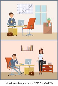 Man relaxing on break, businessman working in office vector. Chief executive drinking tea director with client. Appointment with woman client and boss