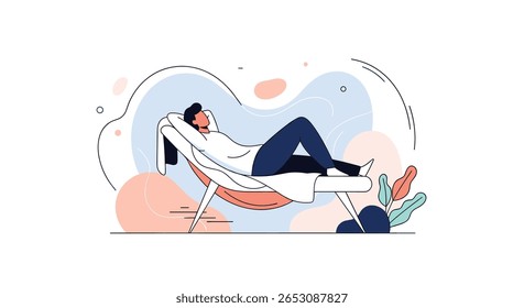 Man Relaxing on a Comfortable Lounge Chair Enjoying a Peaceful Moment of Serenity and Calm in a Beautifully Designed Modern Room