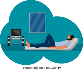 Man relaxing on couch and browsing social media or chatting. Internet communication, sofa and leisure, technology and laptop. Vector illustration