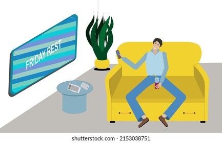 man relaxing on the couch in front of the TV on Friday after a work week