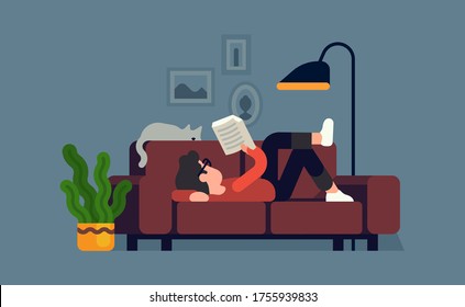 Man relaxing on couch with a good book. Cool vector flat character design on reading with abstract male character lying on sofa at home with a cat sleeping next to him