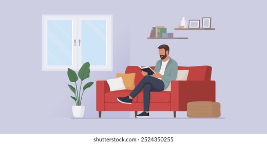 Homem relaxando no sofá em casa e lendo um livro, conhecimento e conceito de literatura