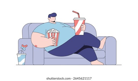 Homem relaxando no sofá com pipoca e refrigerante