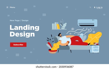 Man relaxing on couch under cold air flow from conditioner. Vector illustration for modern technology for house, home appliance, climate control concept