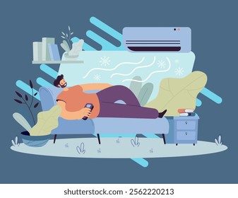 Man relaxing on couch under cold air flow from conditioner. Vector illustration for modern technology for house, home appliance, climate control concept