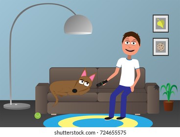 man relaxing on couch and watching tv with his brown dog funny vector illustration 