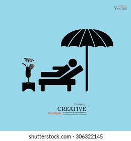 Man relaxing on a deck chair under umbrella.man sleep on a chair with drink.vector illustration.