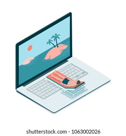 Man relaxing on a deckchair and tropical islands on the computer screen, virtual vacation concept