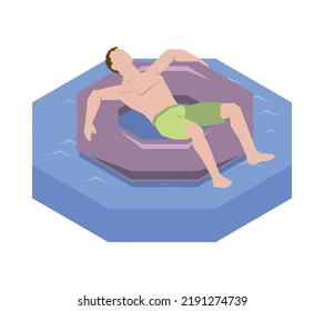 Man relaxing on inflatable flotation ring in swimming pool or sea 3d isometric vector illustration
