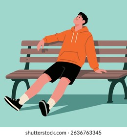 Man Relaxing on Park Bench in Orange Hoodie and Black Shorts