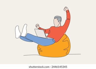 Man relaxing on pillow while working from home.colored.Working from home one-line drawing