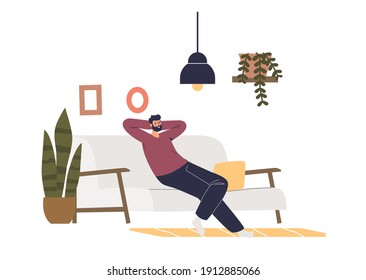 Man relaxing on sofa in living room. Cartoon male character having rest on couch at home. Relaxation and comfort concept. Flat vector illustration
