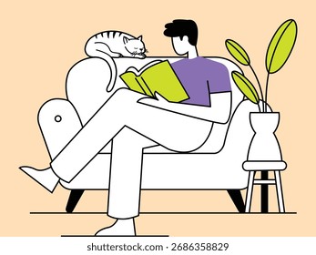 Homem Relaxando no Sofá Lendo Livro com Gato e Planta
